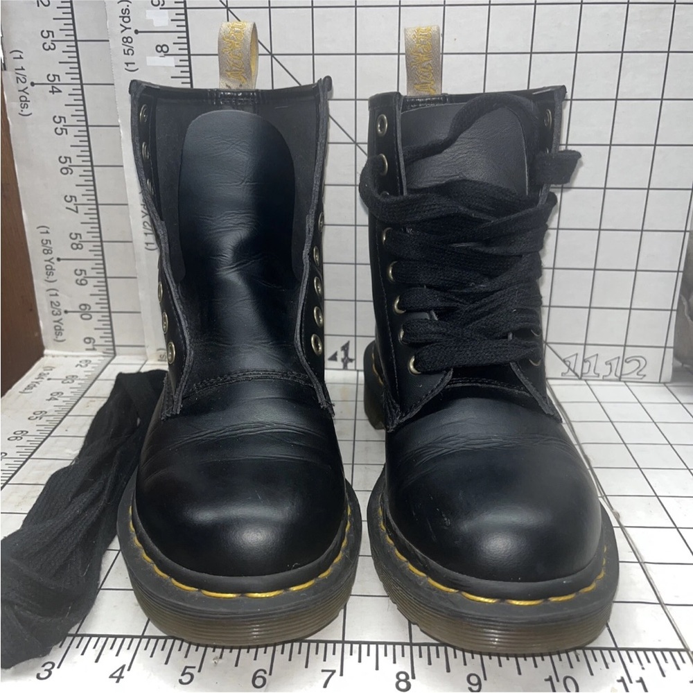 Dr. Martens Black Leather Lace-Up Boots with Yellow Stitching 6M